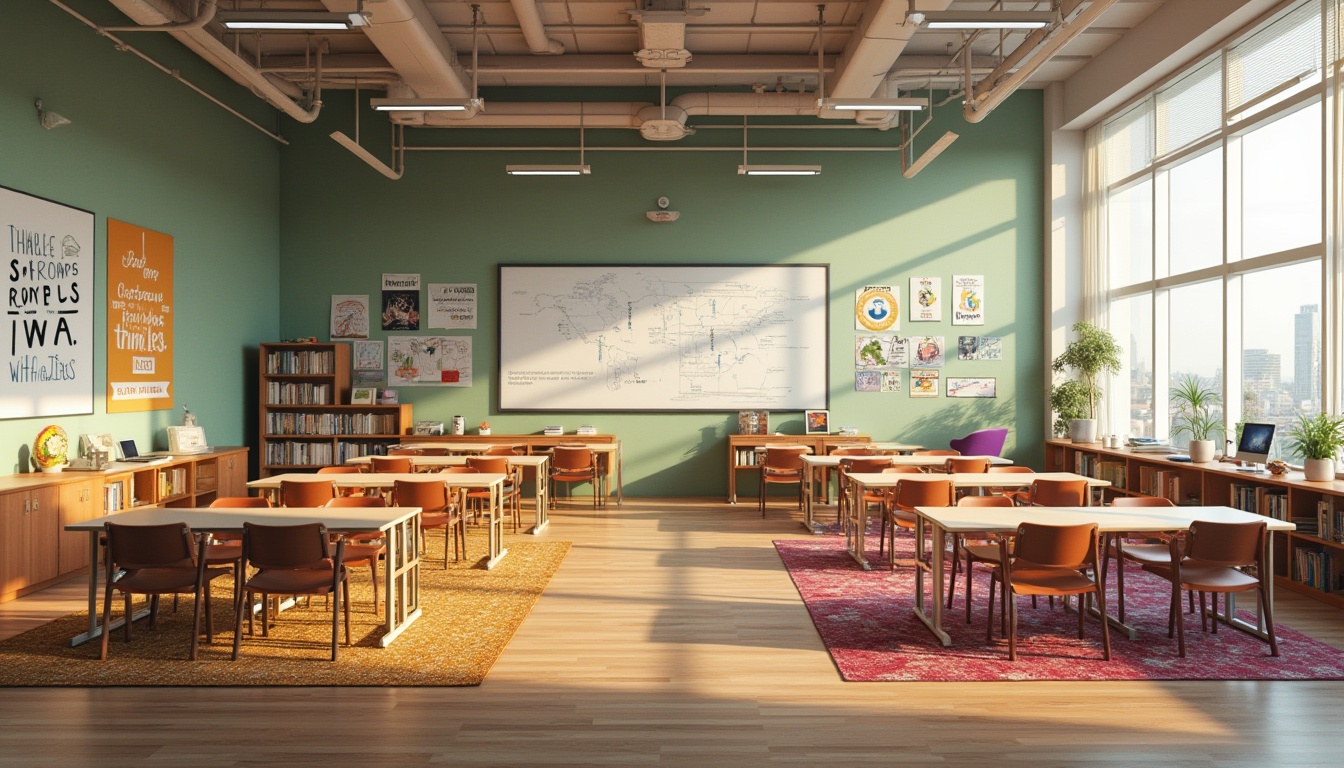 Prompt: Vibrant classroom, collaborative seating, flexible desks, inspirational quotes, motivational posters, interactive whiteboards, colorful rugs, soft warm lighting, comfortable reading nooks, ergonomic chairs, ample natural light, high ceilings, modern minimalistic design, sleek wooden floors, calming green walls, stimulating artwork, educational displays, 3D visualization tools, virtual reality zones, cozy library corners, quiet study areas, panoramic city views, realistic textures, ambient occlusion.