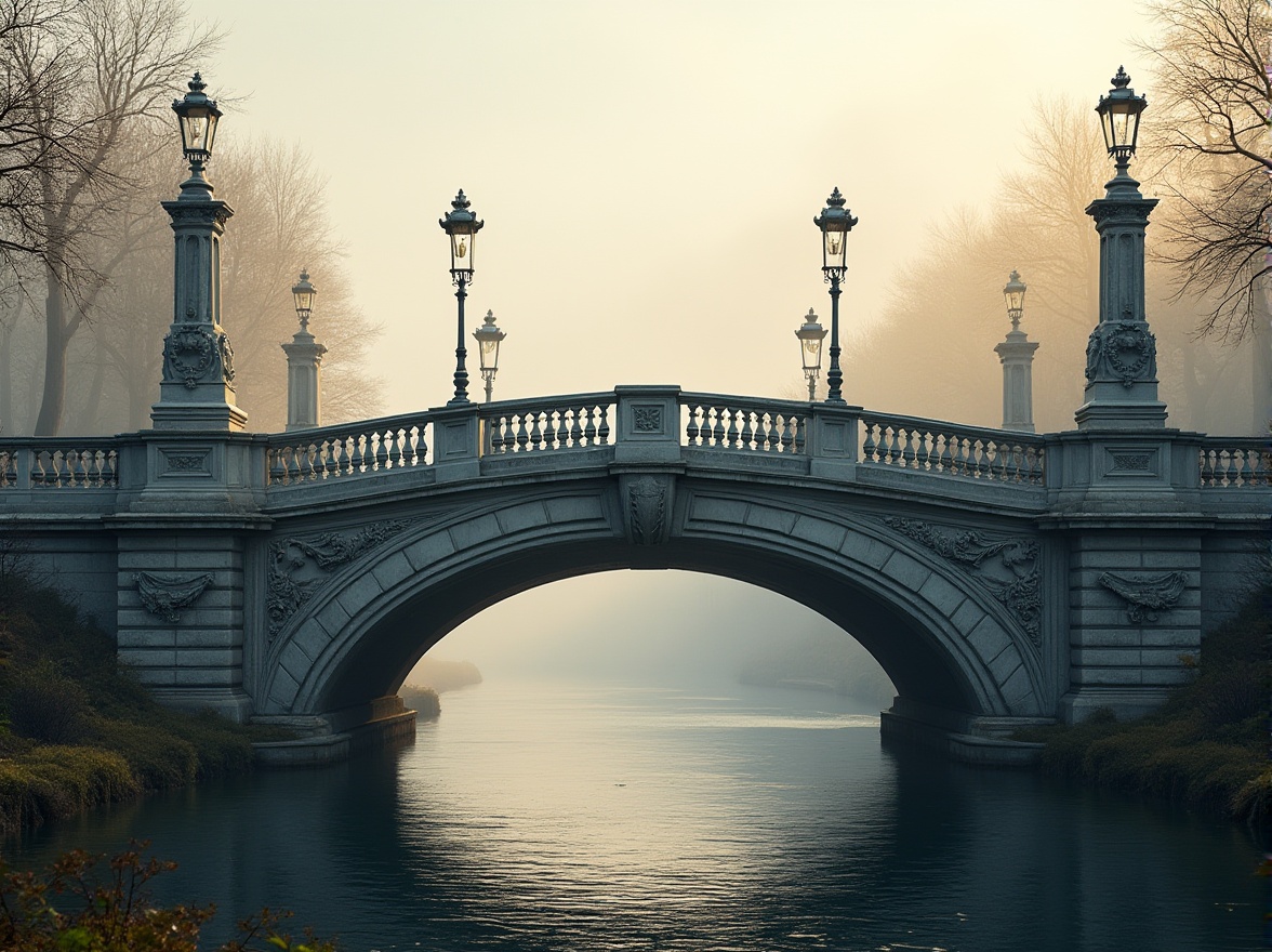 Prompt: Majestic bridge, classical architecture style, ornate stone balustrades, grand arches, symmetrical composition, rusticated piers, carved stonework, elegant lamp posts, refined metal railings, suspended walkways, majestic river views, serene natural surroundings, misty morning atmosphere, soft warm lighting, shallow depth of field, 1/2 composition, realistic textures, ambient occlusion.