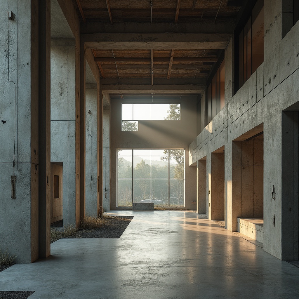 Prompt: Exposed concrete structures, brutalist architecture, industrial materials, raw textures, weathered steel beams, wooden accents, minimalist decor, monochromatic color schemes, high ceilings, open floor plans, abundant natural light, dramatic shadows, atmospheric misting systems, 3/4 composition, low-angle photography, cinematic lighting, realistic renderings.