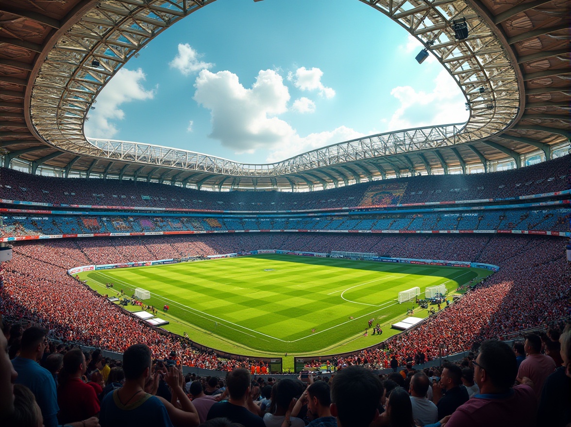 Prompt: Vibrant stadium architecture, bold team colors, energetic crowd atmosphere, lush green grass, sleek metal bleachers, dynamic lighting systems, dramatic shadows, warm sunny day, soft focus effect, 3/4 composition, panoramic view, realistic textures, ambient occlusion, geometric patterns, modern urban landscape, bustling city surroundings.