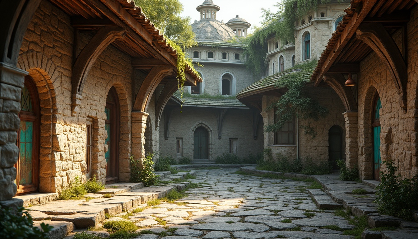 Prompt: Rugged stone walls, weathered wooden planks, rusty metal sheets, rough concrete slabs, worn brick facades, distressed ceramic tiles, moss-covered roofs, ivy-clad buildings, ornate Gothic arches, intricate Islamic patterns, vibrant turquoise accents, warm golden lighting, dramatic shadows, high-contrast textures, realistic material rendering, detailed 3D modeling, atmospheric perspective, cinematic composition, fantastical atmosphere.