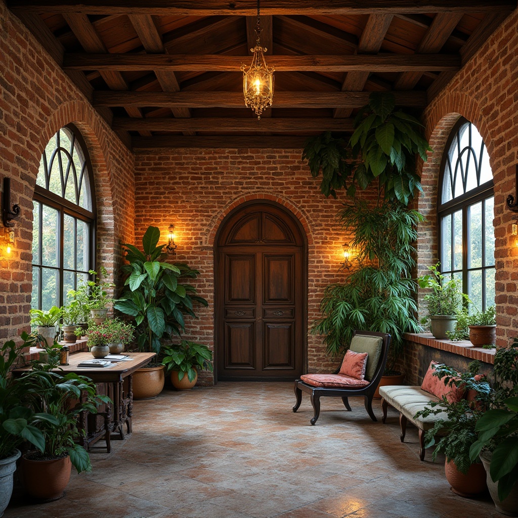 Prompt: Rustic wooden beams, reclaimed brick walls, natural stone floors, earthy color palette, eclectic mix of vintage and modern furniture, lush greenery, overflowing planters, distressed metal accents, ornate wooden doors, stained glass windows, intricate tile work, cozy reading nooks, warm candlelight, soft warm lighting, shallow depth of field, 3/4 composition, panoramic view, realistic textures, ambient occlusion.