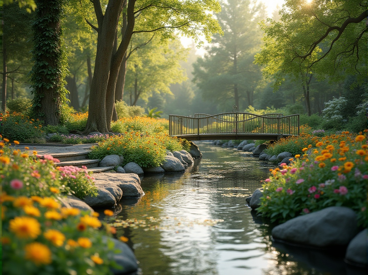 Prompt: Soothing garden, gentle water features, lush greenery, vibrant flowers, calming colors, natural stone pathways, wooden benches, tranquil atmosphere, warm sunny day, soft diffused lighting, shallow depth of field, 1/1 composition, intimate framing, realistic textures, ambient occlusion, serene forest, peaceful meadow, winding streams, rustic bridges, birdhouses, butterfly gardens, sensory stimulation areas, tactile experiences, fragrant plants, soundscape design.