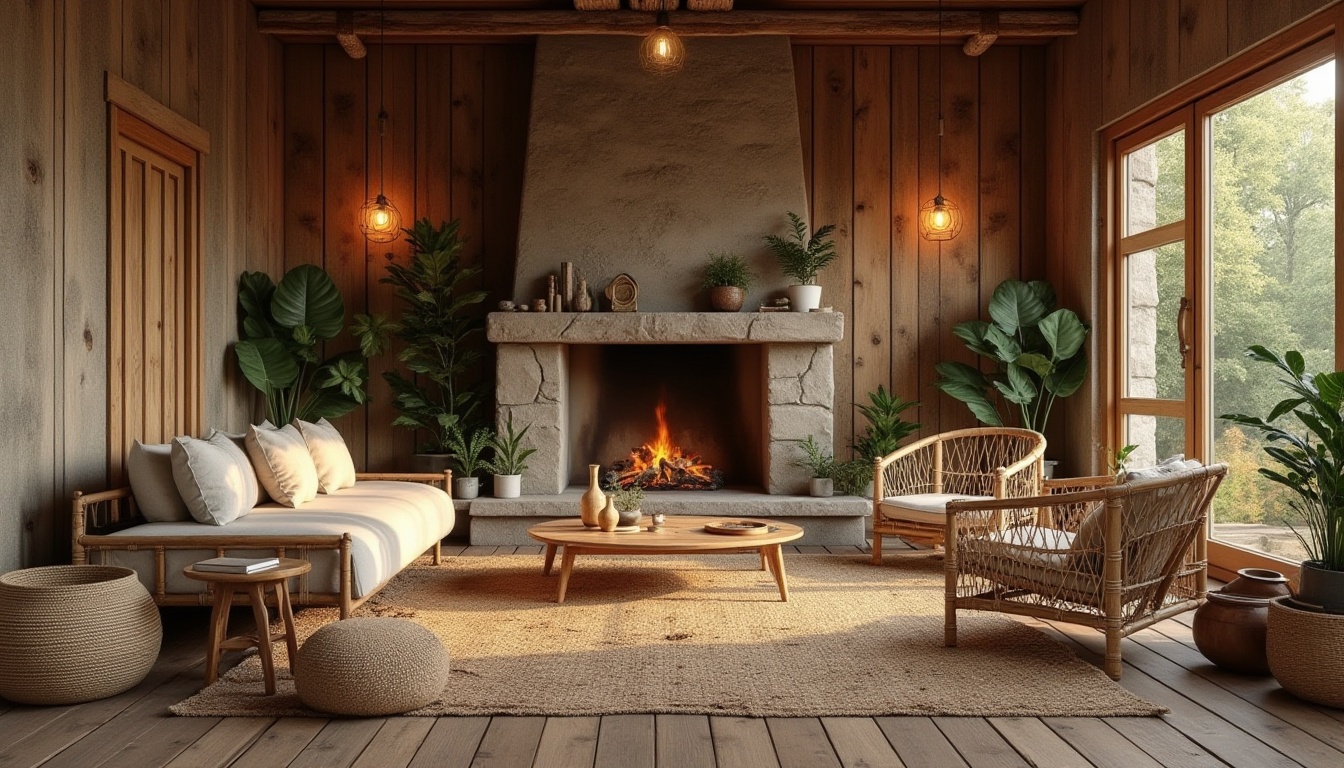 Prompt: Earthy cabin, reclaimed wooden walls, stone fireplace, woven bamboo furniture, jute rugs, rattan lighting fixtures, potted plants, natural textiles, woven wicker baskets, organic shapes, earthy color palette, soft warm lighting, shallow depth of field, 1/2 composition, realistic textures, ambient occlusion.