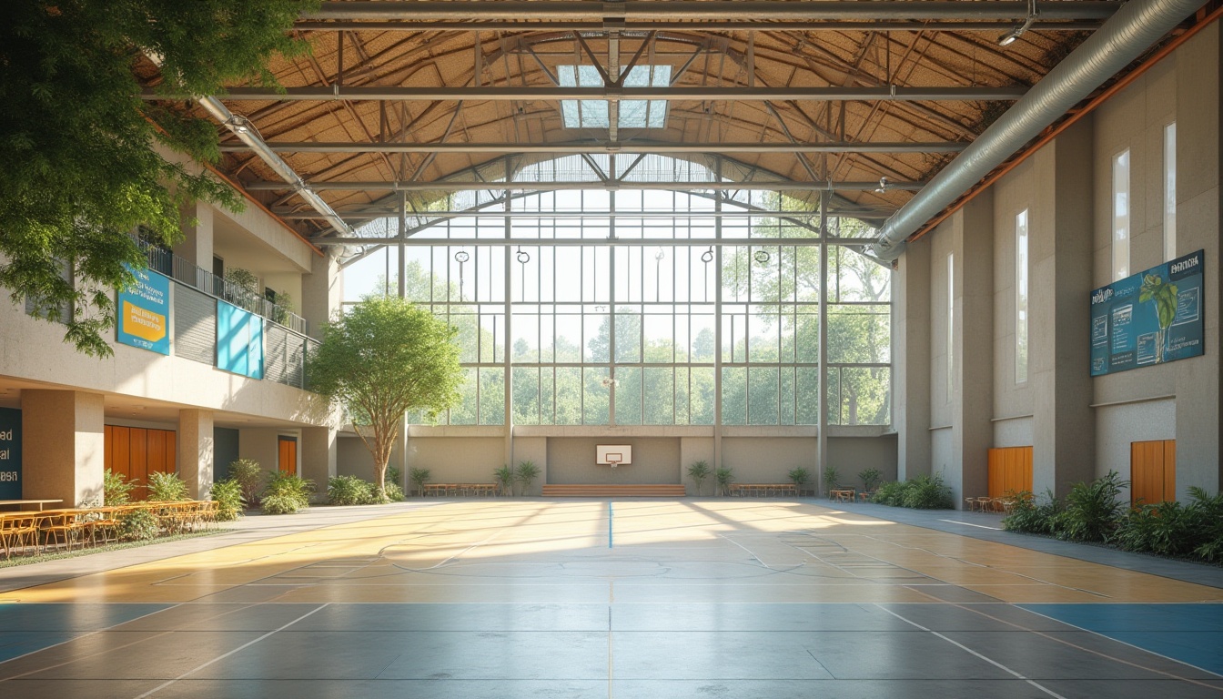 Prompt: Eco-friendly gymnasium, natural ventilation systems, abundant daylight, solar panels, green roofs, recycled materials, minimalist design, exposed ductwork, polished concrete floors, wooden accents, dynamic lighting systems, motivational quotes, athletic equipment, basketball courts, running tracks, climbing walls, flexible seating areas, open spaces, panoramic views, shallow depth of field, 3/4 composition, realistic textures, ambient occlusion.