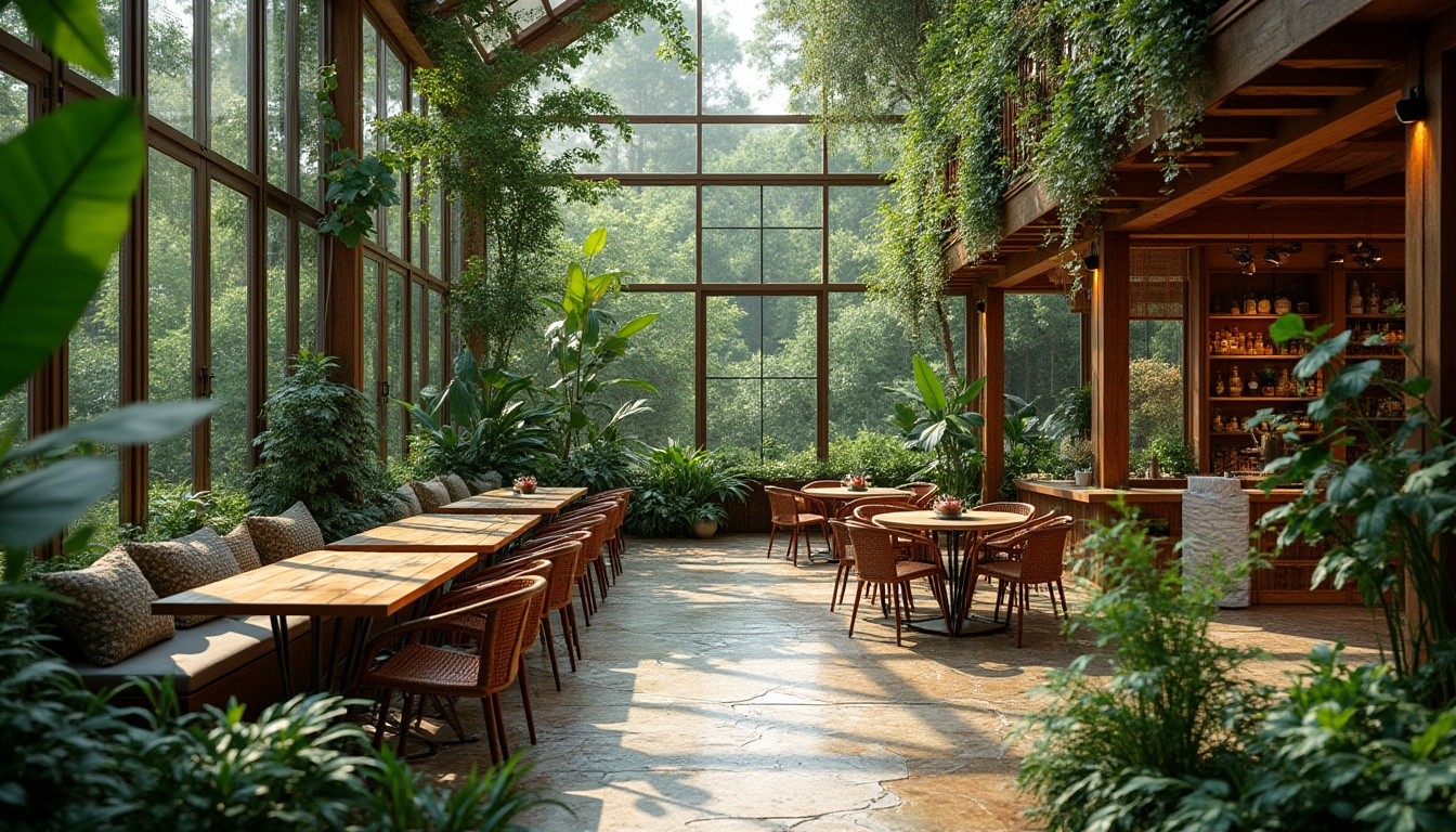 Prompt: Vibrant botanical garden, lush green walls, natural stone flooring, wooden accents, floor-to-ceiling windows, panoramic views, seamless indoor-outdoor transition, rustic-chic decor, reclaimed wood tables, wicker furniture, earthy color palette, warm ambient lighting, shallow depth of field, 1/1 composition, realistic textures, ambient occlusion.