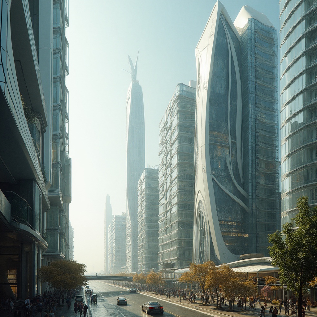 Prompt: Futuristic cityscape, sleek skyscrapers, polycarbonate fa\u00e7ades, transparent glass walls, cantilevered structures, minimalist design, modern architecture, high-tech materials, sustainable building solutions, energy-efficient systems, green roofs, solar panels, wind turbines, innovative cooling technologies, shaded outdoor spaces, misting systems, urban landscape, bustling streets, vibrant city life, warm ambient lighting, shallow depth of field, 3/4 composition, realistic textures, ambient occlusion.