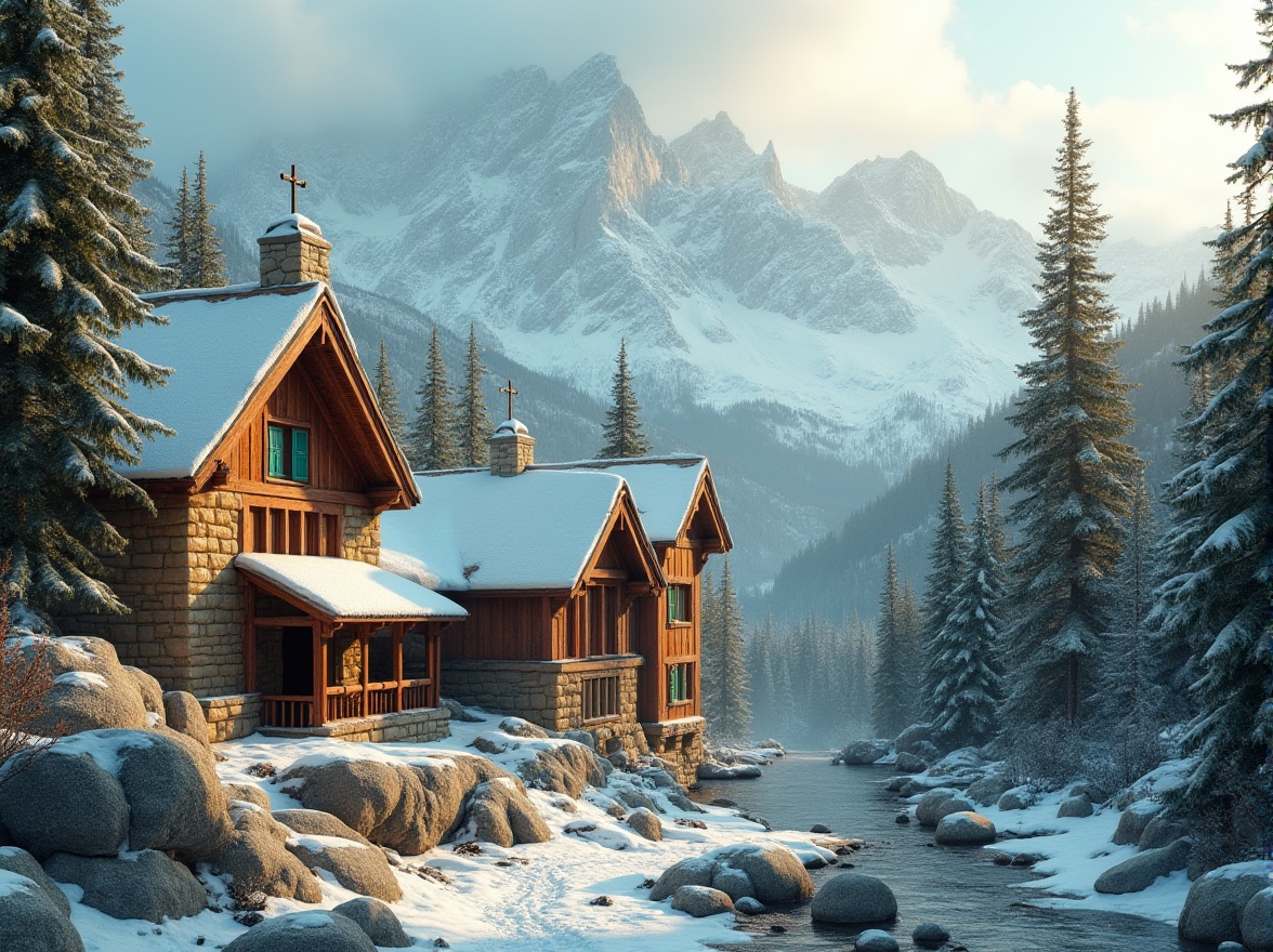 Prompt: Snow-capped mountains, rugged terrain, rustic wooden buildings, earthy stone walls, vibrant turquoise accents, warm beige stucco, rich brown wood tones, majestic pine trees, misty foggy atmosphere, soft golden lighting, dramatic shadows, 3/4 composition, natural textures, ambient occlusion.