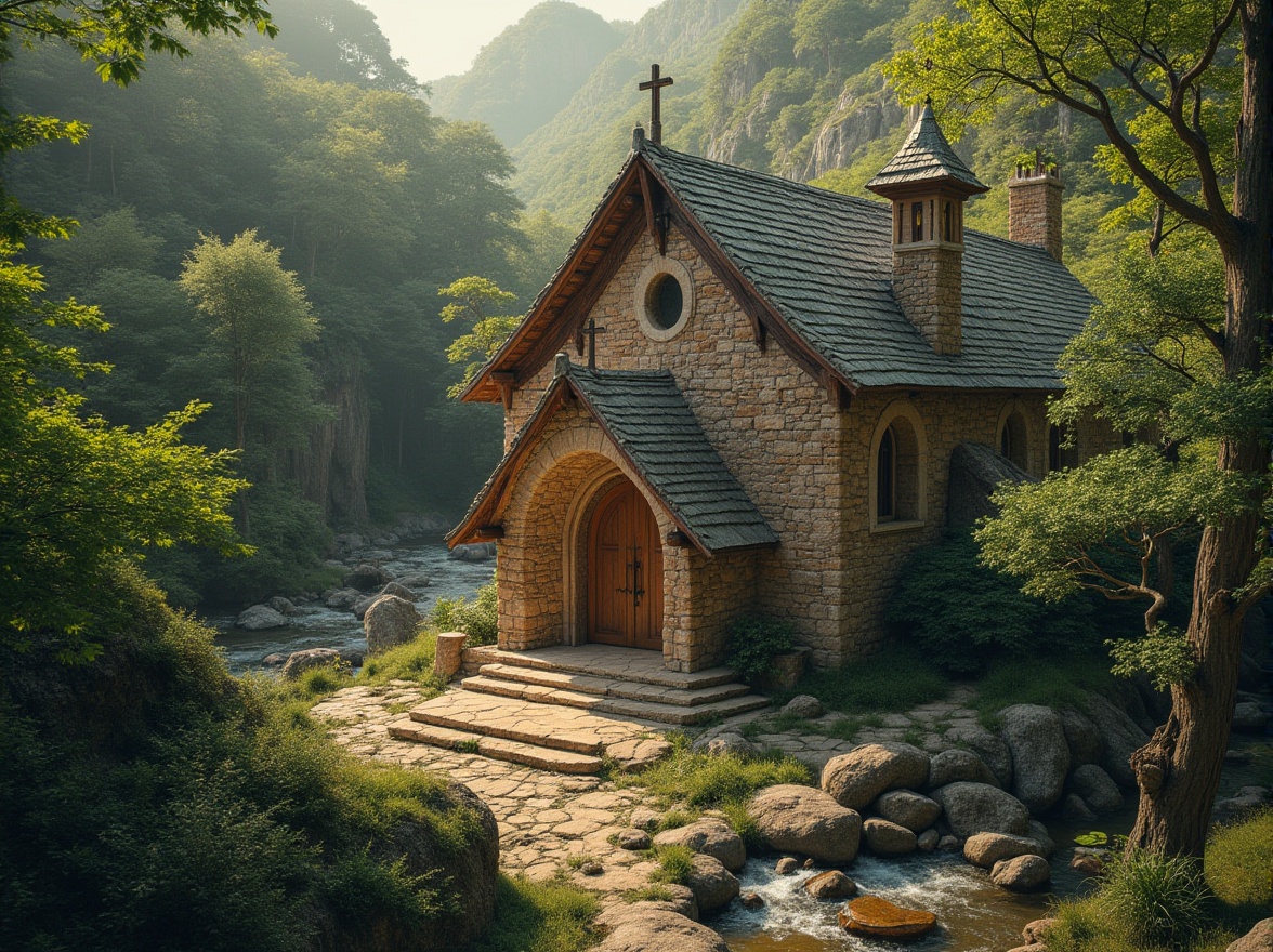 Prompt: Rustic stone church, earthy brown tones, lush green surroundings, towering trees, meandering streams, natural rock formations, subtle landscaping, harmonious blend, serene ambiance, warm sunlight filtering through stained glass windows, soft shadows on stone walls, ornate wooden doors, elegant archways, peaceful coexistence with nature, organic architecture, blending into the landscape, minimal visual impact, eco-friendly design, sustainable building practices, bird's-eye view, aerial perspective, 3/4 composition, panoramic capture, realistic textures, ambient occlusion.