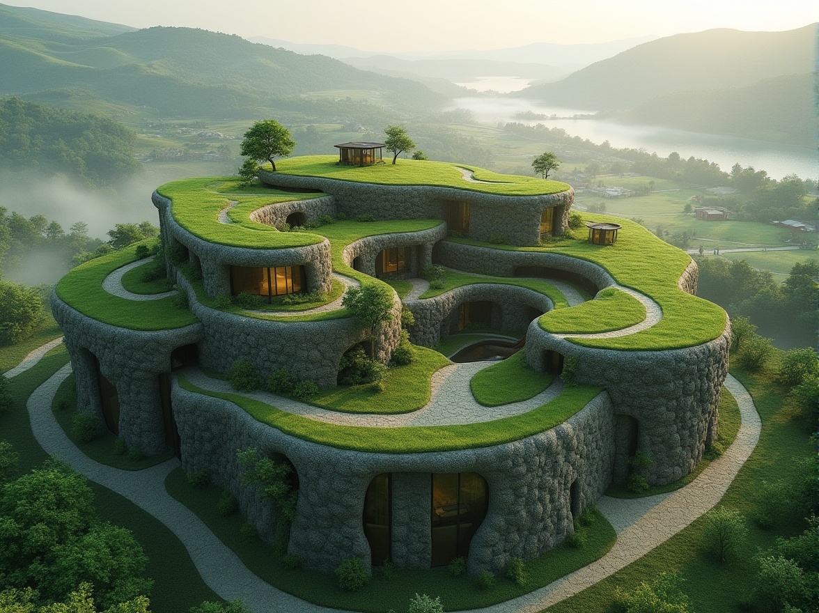 Prompt: Harmonious building integration, lush green roofs, verdant walls, natural stone facades, curved lines, organic forms, blending boundaries, seamless transitions, rural landscape, rolling hills, meandering paths, serene lakes, misty mornings, soft warm lighting, shallow depth of field, 1/2 composition, panoramic view, realistic textures, ambient occlusion.