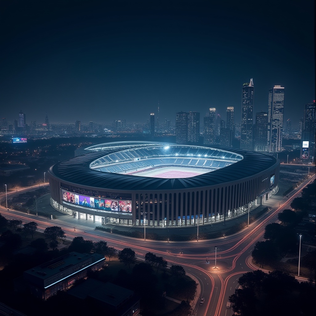 Prompt: Sleek stadium facade, curved lines, cantilevered roofs, glass and steel structures, modern international style, grand entrance gates, floodlit nighttime scenes, dynamic lighting effects, urban cityscape backdrop, bustling streets, vibrant billboards, LED screens, metallic finishes, minimalist detailing, angular shapes, futuristic aesthetics, open-air concourses, spectator seating areas, athletic track fields, scoreboards, floodlights, misty atmosphere, low-angle photography, 1/2 composition, realistic reflections.