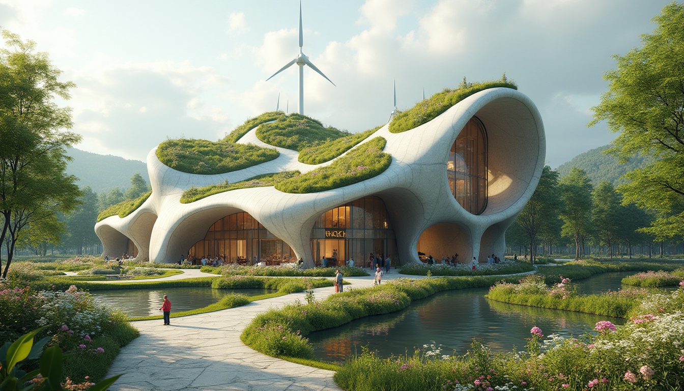 Prompt: Eco-friendly Blobitecture church, organic curvaceous shapes, living green roofs, solar panels, wind turbines, rainwater harvesting systems, recycled metal fa\u00e7ades, low-carbon concrete structures, natural ventilation systems, clerestory windows, soft diffused lighting, peaceful ambiance, lush surrounding landscapes, vibrant flowers, serene water features, shallow depth of field, 3/4 composition, panoramic view, realistic textures, ambient occlusion.