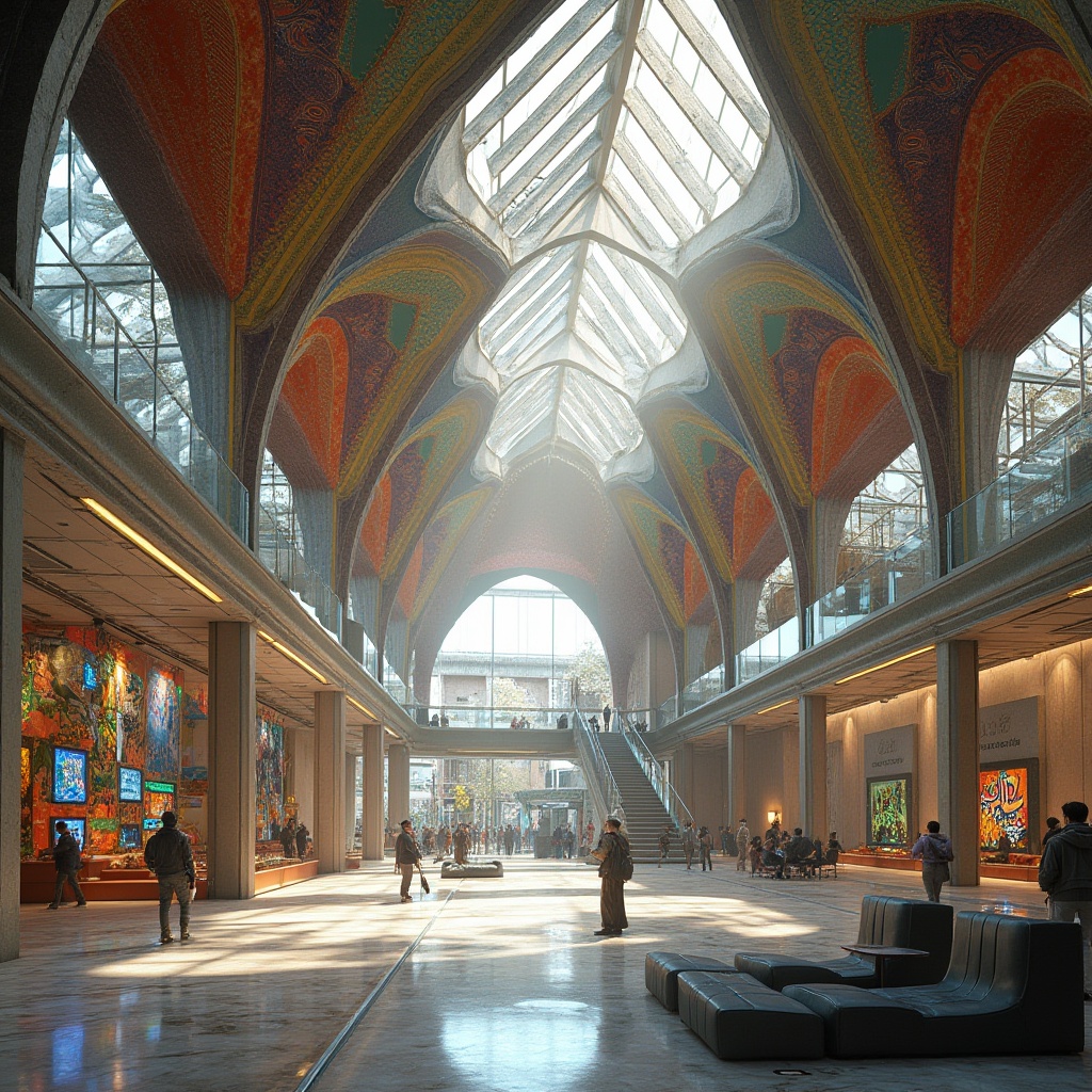 Prompt: Vibrant cultural center, Islamic-inspired architecture, intricate geometric patterns, colorful mosaics, grand atrium, natural light pouring in, modern angular lines, sleek metal structures, polished marble floors, dynamic open spaces, flexible seating arrangements, interactive art installations, immersive multimedia projections, ambient LED lighting, shallow depth of field, 1/1 composition, panoramic view, realistic textures, ambient occlusion.