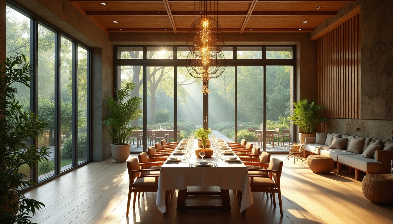 Prompt: Spacious dining hall, high ceilings, large windows, sliding glass doors, outdoor garden views, lush greenery, natural stone walls, wooden flooring, minimalist decor, hanging lamps, soft warm lighting, morning sunlight, indirect illumination, 1/1 composition, shallow depth of field, realistic textures, ambient occlusion.