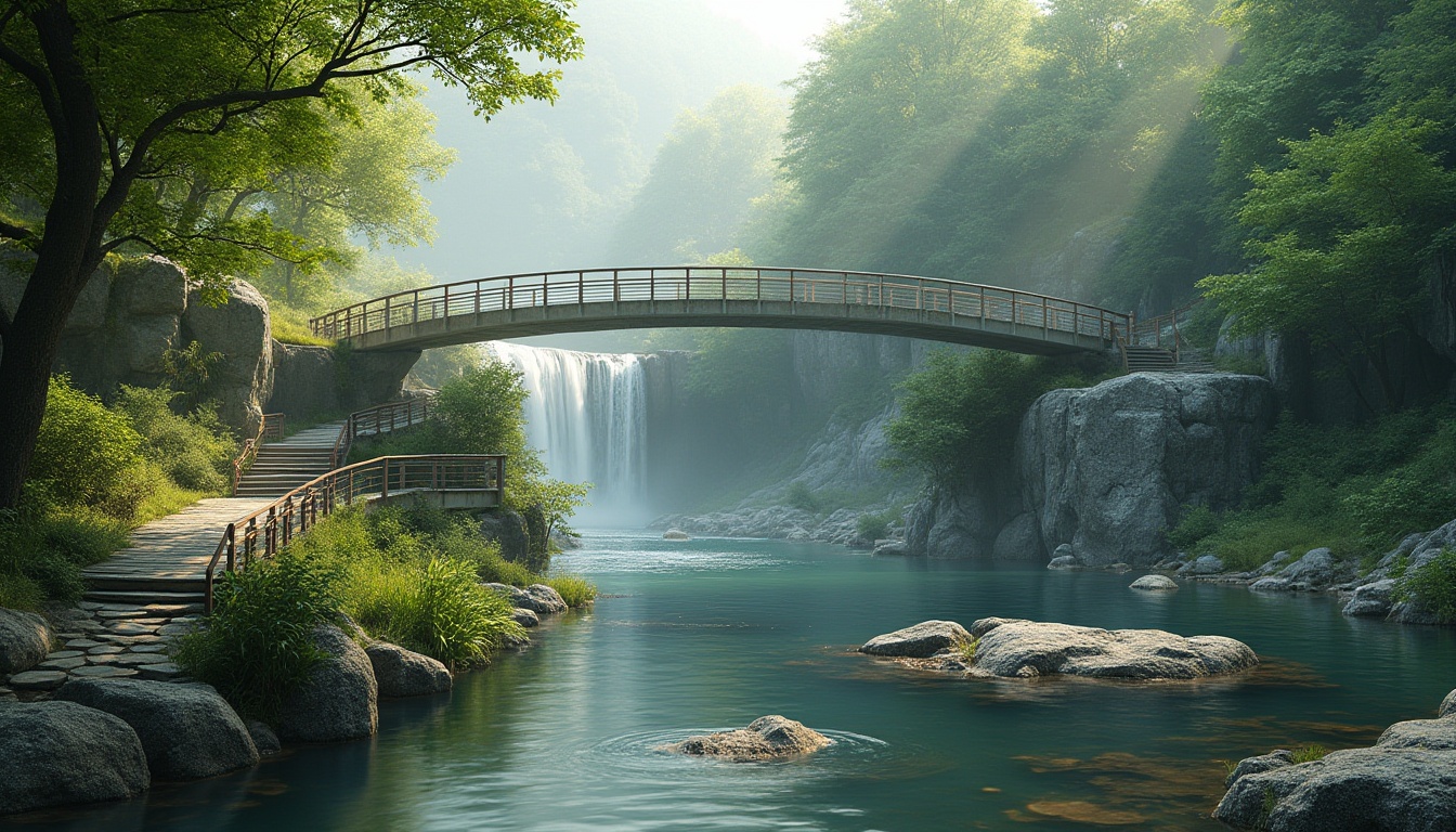 Prompt: \Scenic riverbanks, lush greenery, walking trails, modern bridge architecture, sleek metal railings, wooden decking, natural stone foundations, waterfalls, misty atmosphere, soft warm lighting, shallow depth of field, 3/4 composition, panoramic view, realistic textures, ambient occlusion, integration with surrounding landscape, harmonious coexistence with nature.\