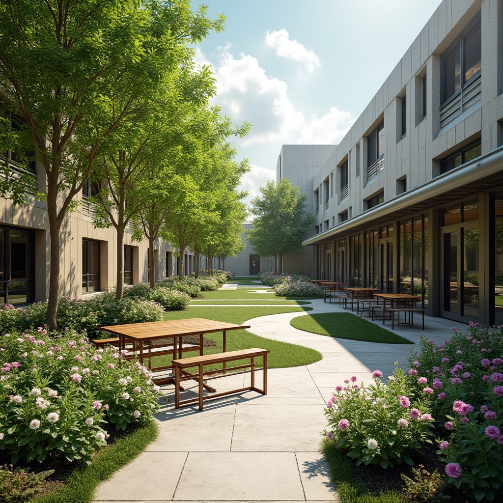 Prompt: Vibrant student courtyard, lush greenery, blooming flowers, modern outdoor furniture, comfortable seating areas, walking paths, natural stone paving, educational signage, Wi-Fi enabled study spaces, shaded relaxation zones, misting systems, dynamic lighting, shallow depth of field, 1/2 composition, realistic textures, ambient occlusion.