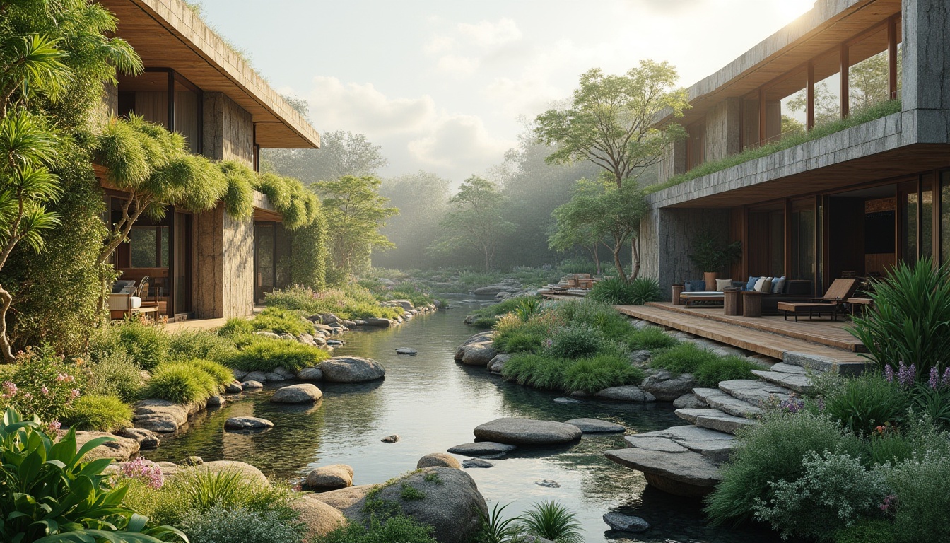 Prompt: Harmonious landscape integration, lush green roofs, vertical gardens, natural stone walls, water features, reflection pools, walking trails, outdoor seating areas, modern minimalist architecture, clean lines, large windows, sliding glass doors, cantilevered overhangs, organic shapes, earthy tones, weathered wood accents, native plant species, seasonal blooms, soft morning light, atmospheric misting, 1/1 composition, symmetrical balance, realistic textures, ambient occlusion.