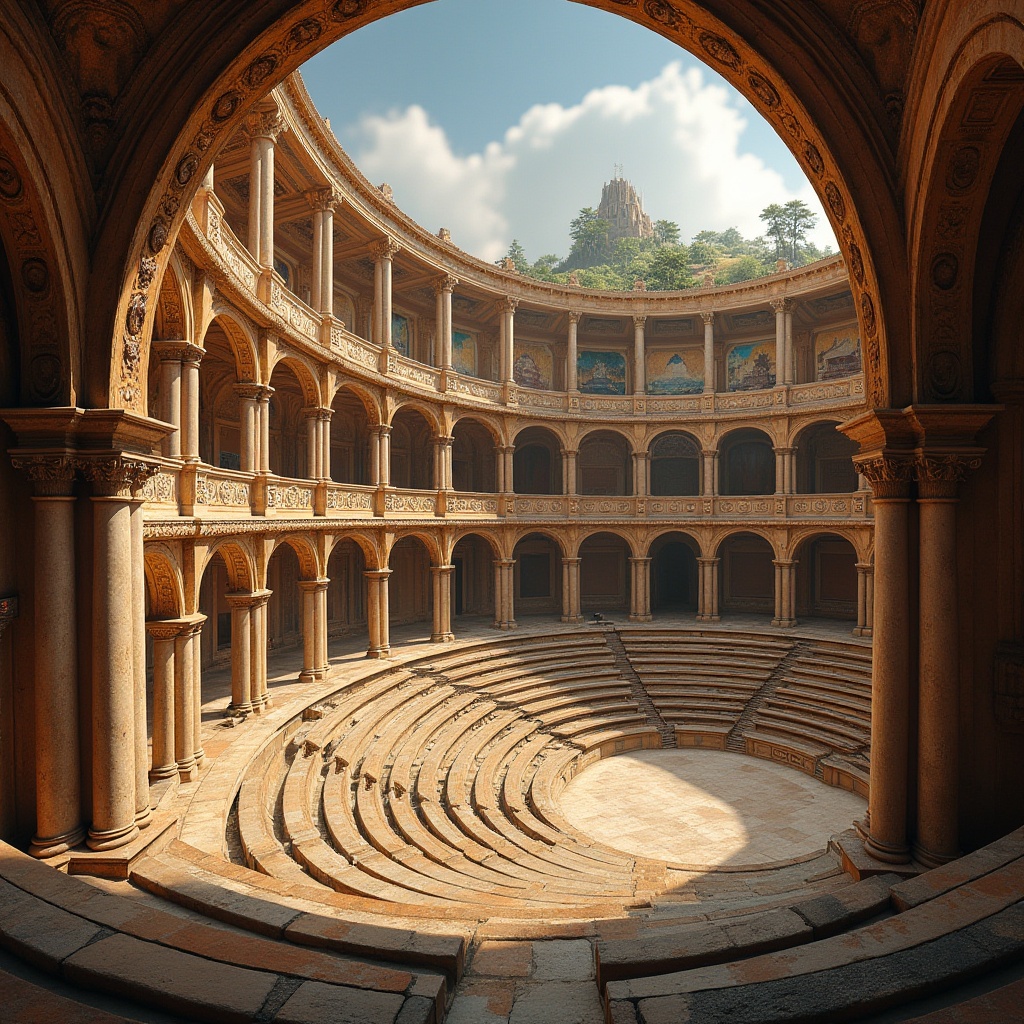 Prompt: Grand amphitheater architecture, sweeping curved lines, majestic stone columns, ornate metal detailing, vibrant fresco paintings, spacious open-air seating, tiered levels, grandiose entrance archways, intricate stonework patterns, warm golden lighting, dramatic spotlighting, 3/4 composition, panoramic view, realistic textures, ambient occlusion.