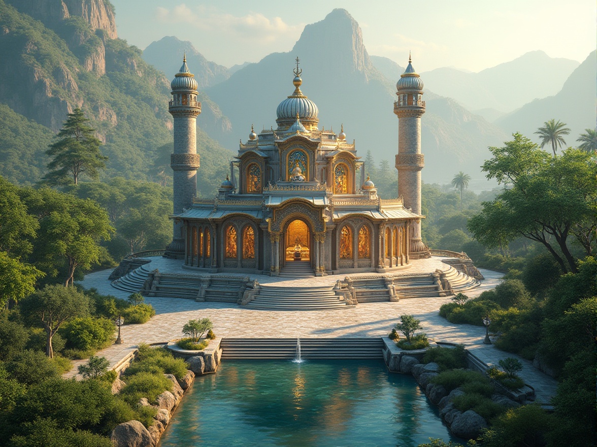 Prompt: Sacred temple, lush greenery, serene water features, natural stone walls, ornate carvings, golden accents, majestic domes, minarets, intricate mosaics, vibrant stained glass, peaceful courtyards, walking paths, meditation areas, surrounding hills, misty mountains, warm sunlight, soft shadows, 3/4 composition, symmetrical architecture, realistic textures, ambient occlusion.