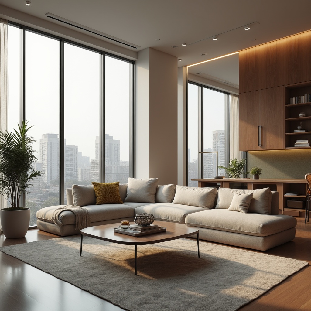 Prompt: Modern living room, minimalistic furniture, sleek coffee table, comfortable sectional sofa, floor-to-ceiling windows, natural light pouring in, urban city view, 1/1 composition, soft warm lighting, realistic textures, ambient occlusion, functional storage solutions, cleverly hidden compartments, multi-functional shelving units, ergonomic chair design, task-oriented workspaces, clutter-free environment, calming color palette, soothing ambiance.