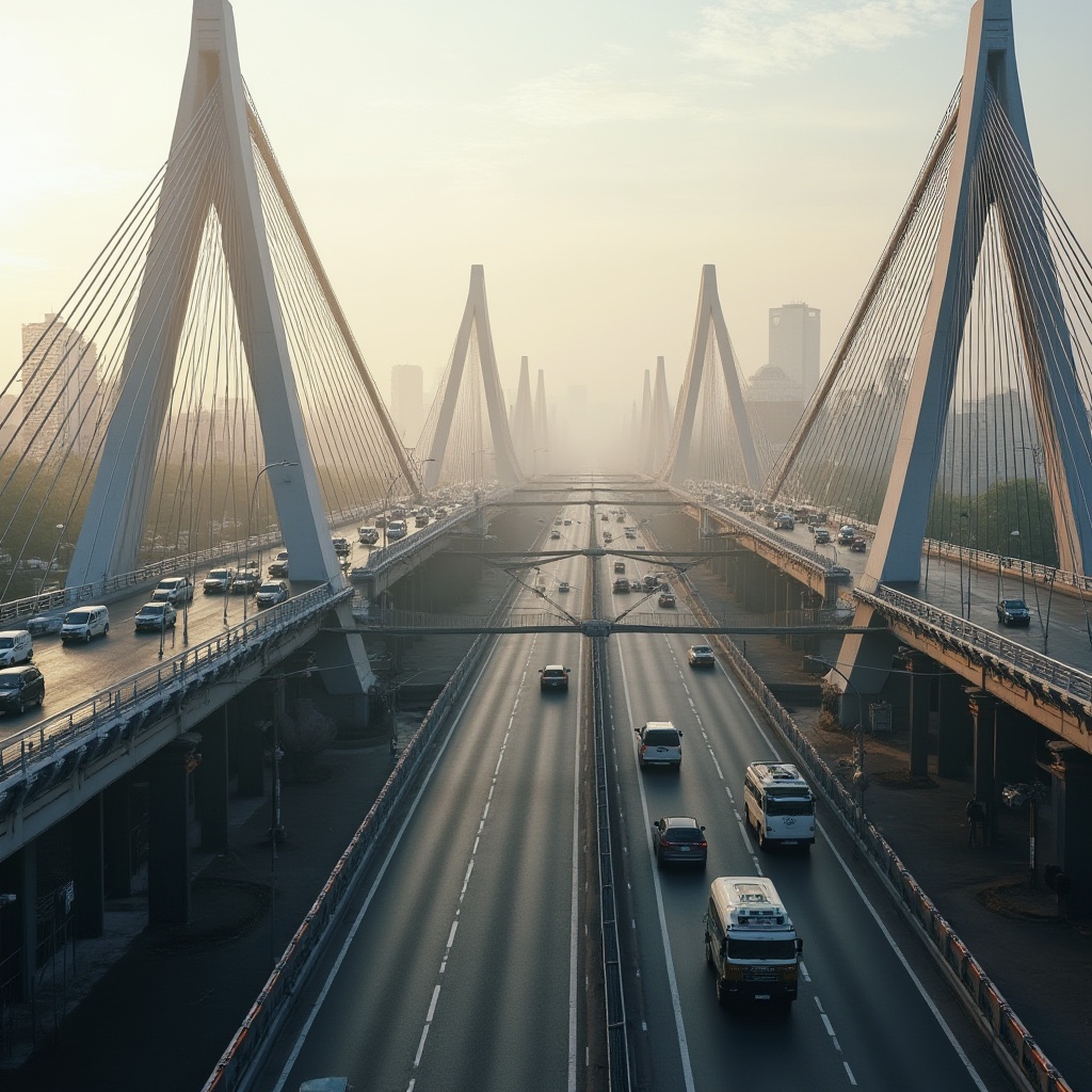 Prompt: Elegant vehicular bridges, curved steel arches, suspended decks, modernist architecture, urban cityscape, busy streets, dynamic traffic flow, misty morning atmosphere, soft warm lighting, shallow depth of field, 1/2 composition, symmetrical framing, realistic reflections, ambient occlusion, detailed metal textures, intricate cable patterns.