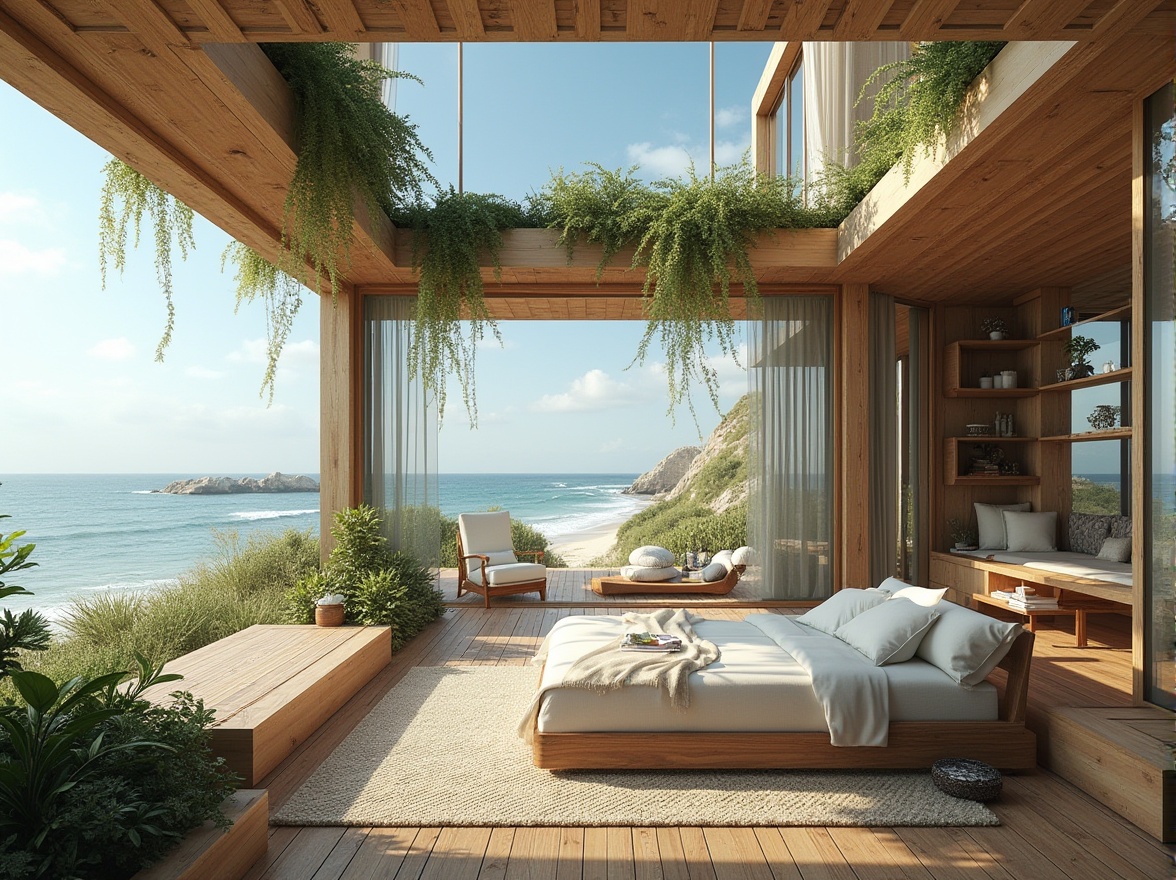 Prompt: \Coastal villa, oceanfront setting, sea breeze, natural ventilation, operable windows, clerestory openings, windcatchers, shading devices, solar chimneys, green roofs, living walls, recycled materials, rustic wood accents, nautical-themed decor, driftwood furniture, beach-inspired color palette, soft diffused lighting, 1/1 composition, atmospheric perspective, realistic textures, subtle animations.\