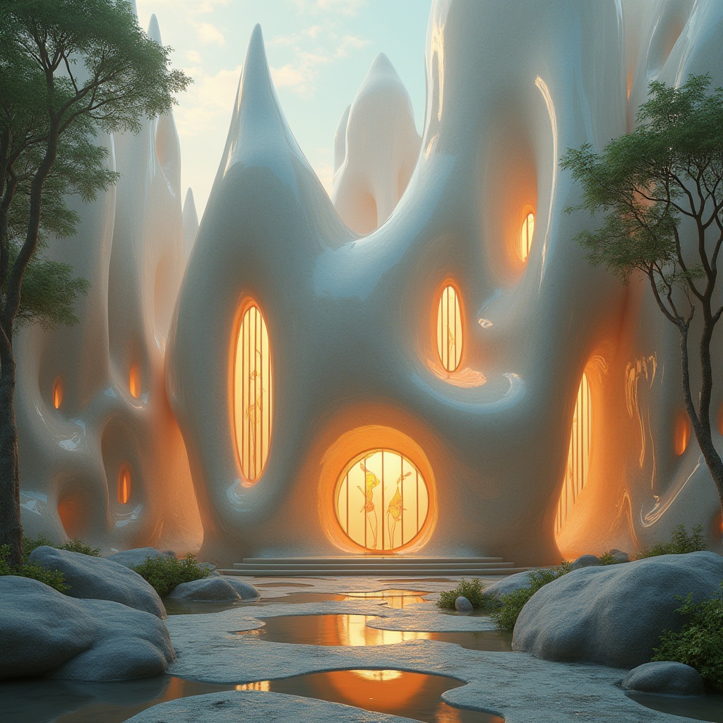 Prompt: Ethereal blob-like church, curvaceous organic forms, translucent stained glass windows, iridescent colors, undulating rooflines, biomimetic architecture, futuristic sacred spaces, glowing ambient lighting, misty atmospheric effects, shallow depth of field, 1/1 composition, dreamlike quality, soft warm color palette, intricate stone carvings, fluid shapes, natural materials, earthy tones, whimsical details, surreal atmosphere, spiritual ambiance.