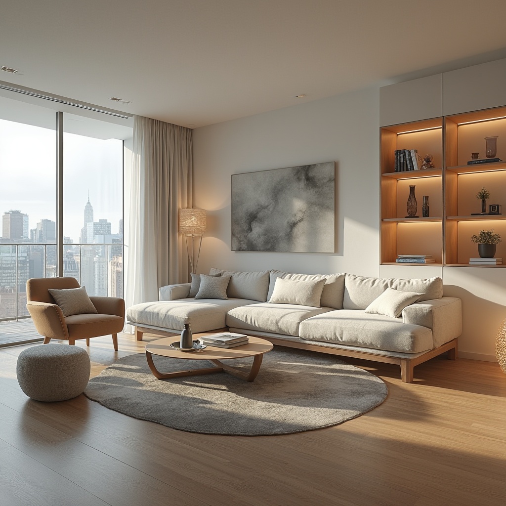 Prompt: Modern living room, sleek lines, minimal decor, functional layout, sectional sofa, coffee table, floor lamps, natural wood flooring, white walls, large windows, city view, soft warm lighting, 1/1 composition, realistic textures, ambient occlusion, comfortable seating area, built-in shelving units, hidden storage compartments, multi-functional furniture pieces, space-saving design, ergonomic chairs, task lighting, cozy reading nook.