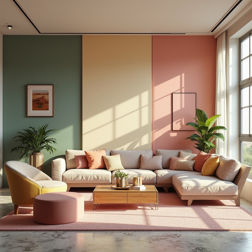 Prompt: Vibrant modern interior, eclectic furniture, bold accent walls, pastel hues, soft neutrals, rich wood tones, metallic accents, luxurious textiles, natural stone flooring, abundant daylight, softbox lighting, shallow depth of field, 1/1 composition, realistic renderings, ambient occlusion.