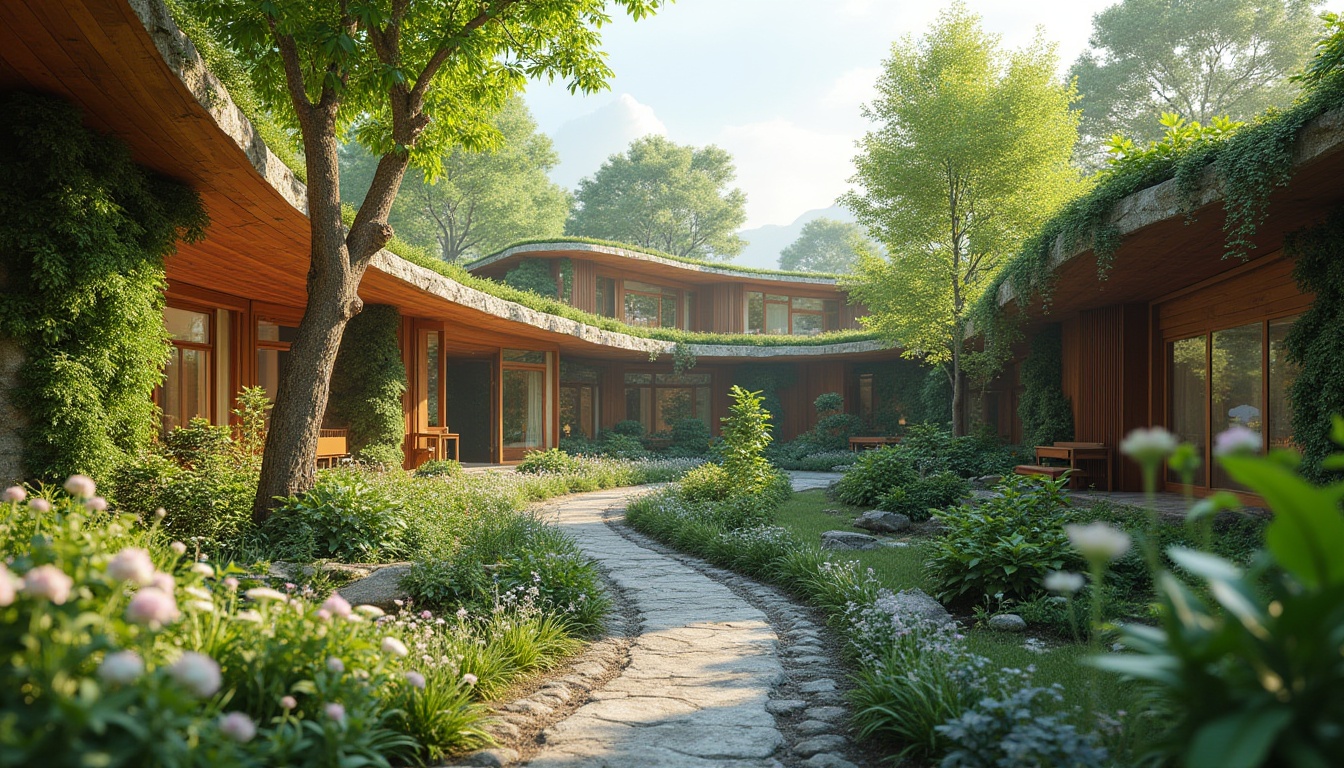 Prompt: Vibrant green roofs, lush vegetation, natural stone walls, wooden accents, curved lines, organic shapes, sustainable materials, eco-friendly systems, solar panels, rainwater harvesting, grey water reuse, living walls, vertical gardens, blooming flowers, serene atmosphere, soft warm lighting, shallow depth of field, 3/4 composition, panoramic view, realistic textures, ambient occlusion, modern architecture, minimalist design, innovative cooling technologies, shaded outdoor spaces, misting systems.