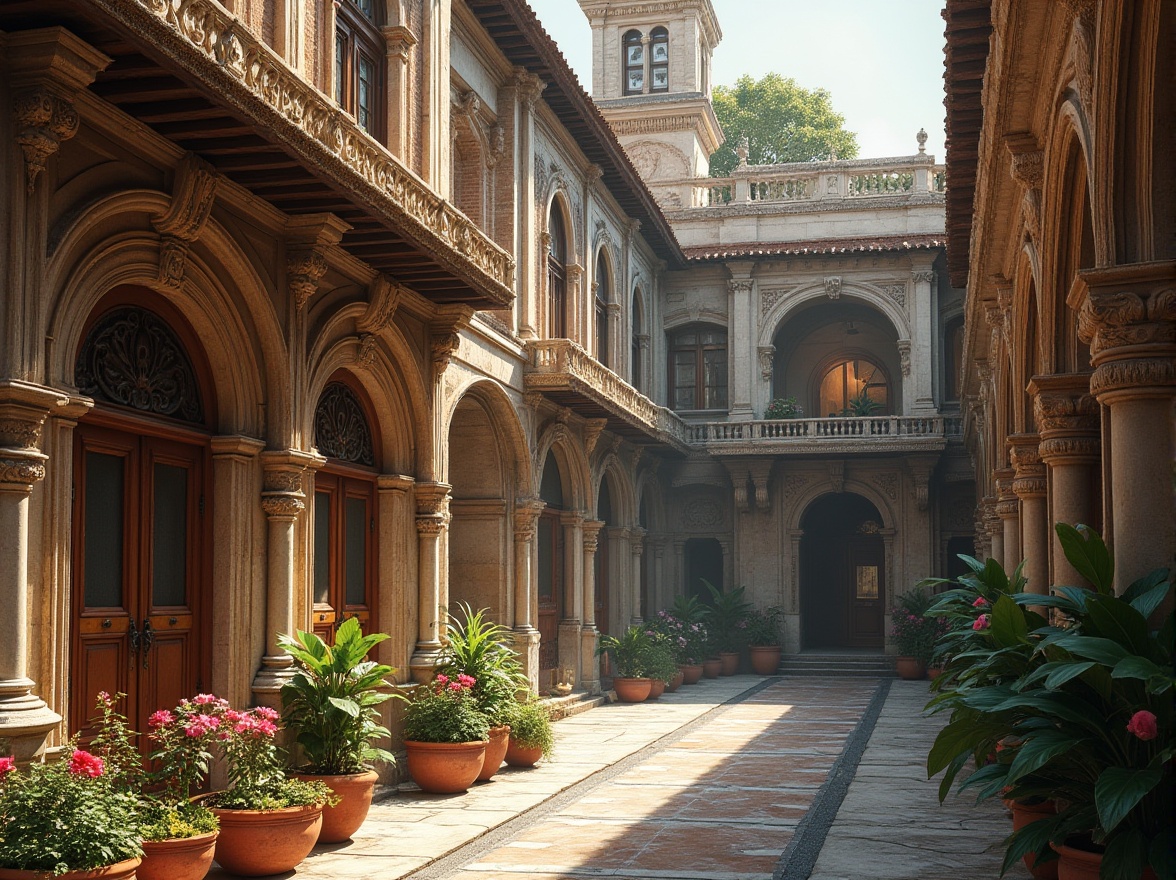 Prompt: Renaissance-era buildings, ornate stone carvings, intricate marble patterns, rustic brick facades, weathered wooden doors, aged copper roofing, grandiose columns, ornamental fountains, lush greenery, vibrant flower arrangements, natural light pouring in, warm soft illumination, shallow depth of field, 1/1 composition, symmetrical framing, realistic textures, ambient occlusion.