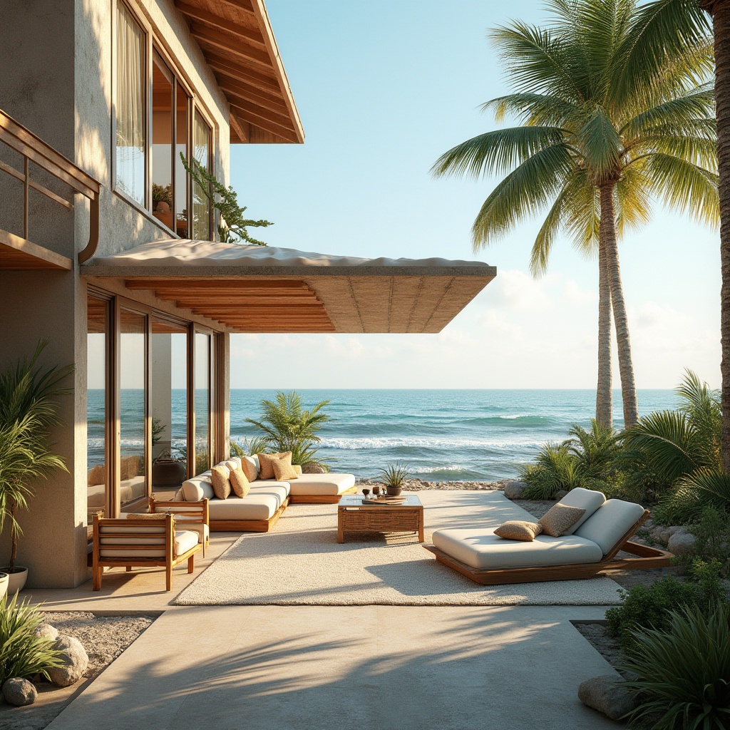 Prompt: Coastal villa, oceanfront location, sea breeze, natural ventilation, large windows, sliding glass doors, outdoor balconies, shading devices, overhanging roofs, windcatchers, clerestory windows, solar chimneys, breathable building materials, rustic wooden accents, coral-inspired colors, beachy textures, driftwood furniture, tropical plants, palm trees, ocean views, sunny day, soft warm lighting, shallow depth of field, 3/4 composition, panoramic view, realistic textures, ambient occlusion.