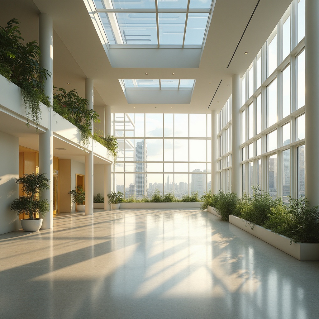 Prompt: Spacious open floor plan, high ceilings, large windows, clerestory windows, skylights, transparent glass doors, minimal obstructions, reflective surfaces, polished floors, bright color schemes, airy atmosphere, natural ventilation, solar tubes, green roofs, living walls, urban gardens, city skyline views, morning sunlight, warm afternoon glow, soft diffused lighting, shallow depth of field, 3/4 composition, panoramic view, realistic textures, ambient occlusion.