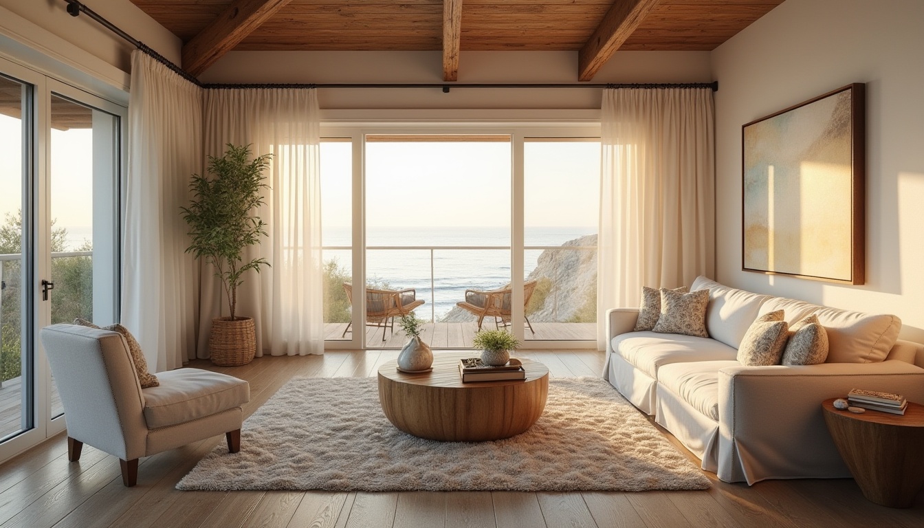 Prompt: Coastal home interior, calming ocean views, natural wood accents, beachy color palette, wavy patterns, driftwood furniture, nautical decor, shell-inspired accessories, soft white curtains, plush area rugs, comfortable sectional sofas, rustic coffee tables, ambient lighting, 1/1 composition, intimate atmosphere, warm golden hour, realistic textures, subtle shadowing.