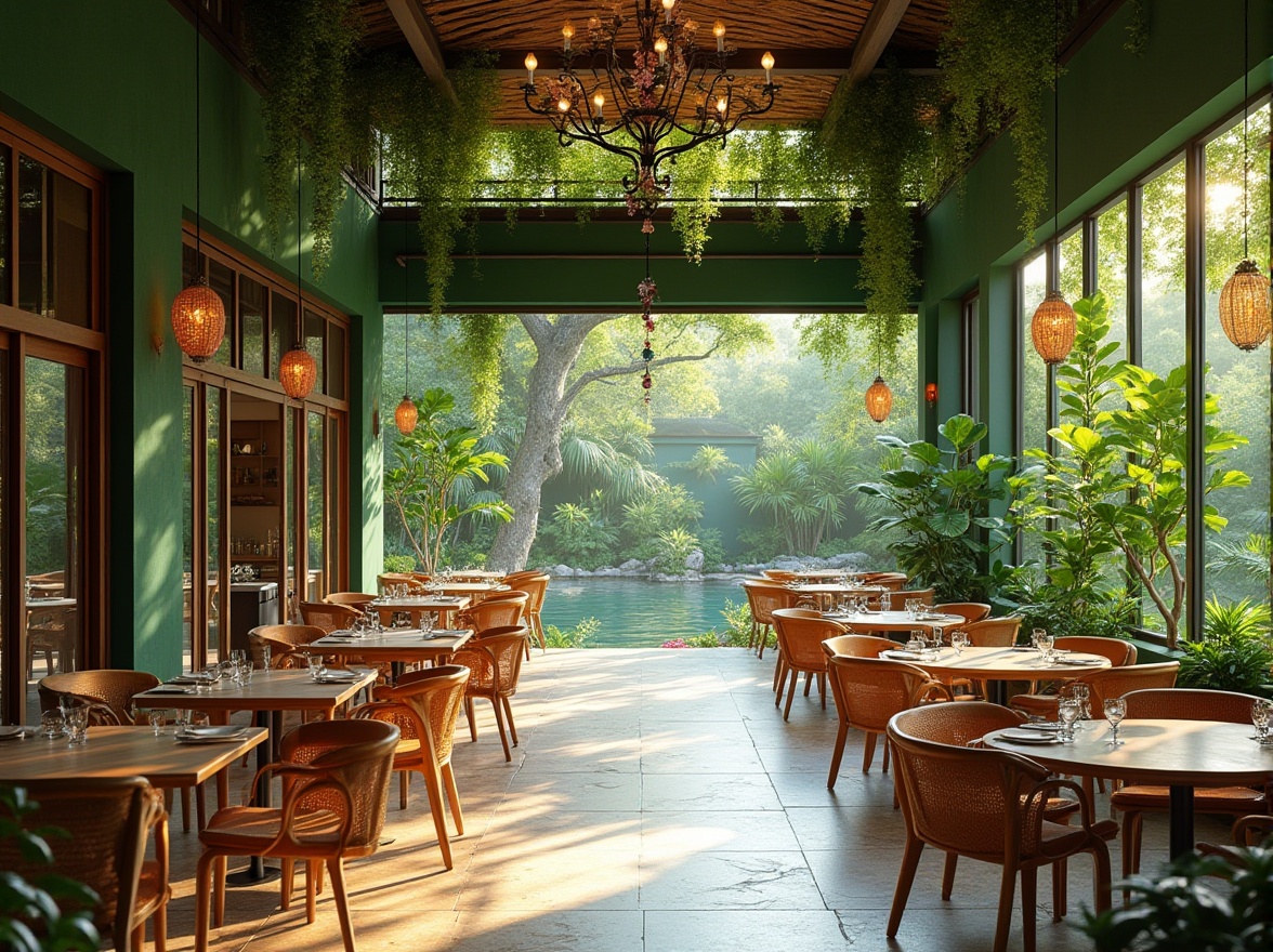 Prompt: Vibrant dining hall, lush green walls, living trees, natural stone flooring, wooden tables, rattan chairs, modern chandeliers, floor-to-ceiling windows, sliding glass doors, outdoor garden views, serene water features, Koi pond, tropical plants, warm sunny day, soft diffused lighting, shallow depth of field, 3/4 composition, panoramic view, realistic textures, ambient occlusion.