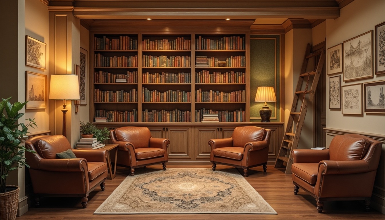 Prompt: Cozy reading nook, warm beige walls, rich wood accents, comfortable seating areas, floor lamps, soft warm lighting, calming atmosphere, earthy tones, natural materials, bookshelves with ladder, vintage leather armchairs, plush rugs, neutral background colors, subtle texture variations, elegant typography, serene ambiance, 1/2 composition, shallow depth of field, warm color harmony.