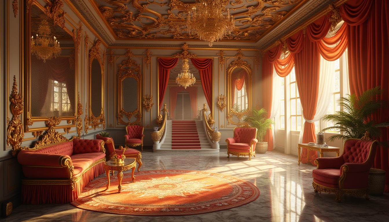 Prompt: Ornate palace interior, lavish furnishings, gilded frames, velvet drapes, crystal chandeliers, intricate carvings, marble floors, grand staircase, luxurious fabrics, rich textures, majestic proportions, dramatic lighting, warm golden tones, ornamental mirrors, fresco ceilings, elaborate moldings, curved lines, regal atmosphere, 1/1 composition, shallow depth of field, soft focus, warm color palette.