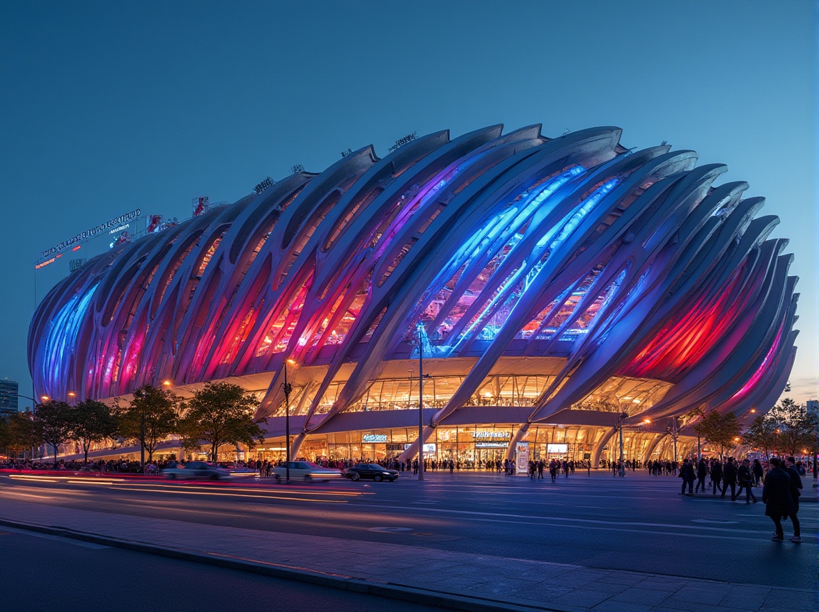 Prompt: \Sleek stadium facade, curved lines, dynamic shapes, cantilevered roofs, angular columns, minimalist detailing, modern international style, large LED screens, vibrant color schemes, metallic materials, reflective surfaces, dramatic night lighting, 3/4 composition, low-angle shots, realistic textures, ambient occlusion, vast open spaces, urban cityscape, bustling streets, crowded pedestrian areas, sunny day, soft warm lighting.\