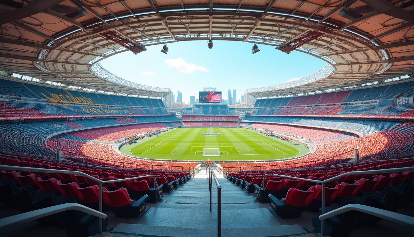 Prompt: Contemporary stadium design, tiered seating sections, vibrant team color schemes, comfortable ergonomic chairs, sleek metal railings, polished concrete floors, modern LED lighting systems, expansive concourse areas, food and beverage vendors, interactive digital displays, state-of-the-art sound systems, panoramic city views, sunny day, dramatic shadows, 1/2 composition, shallow depth of field, realistic textures, ambient occlusion.