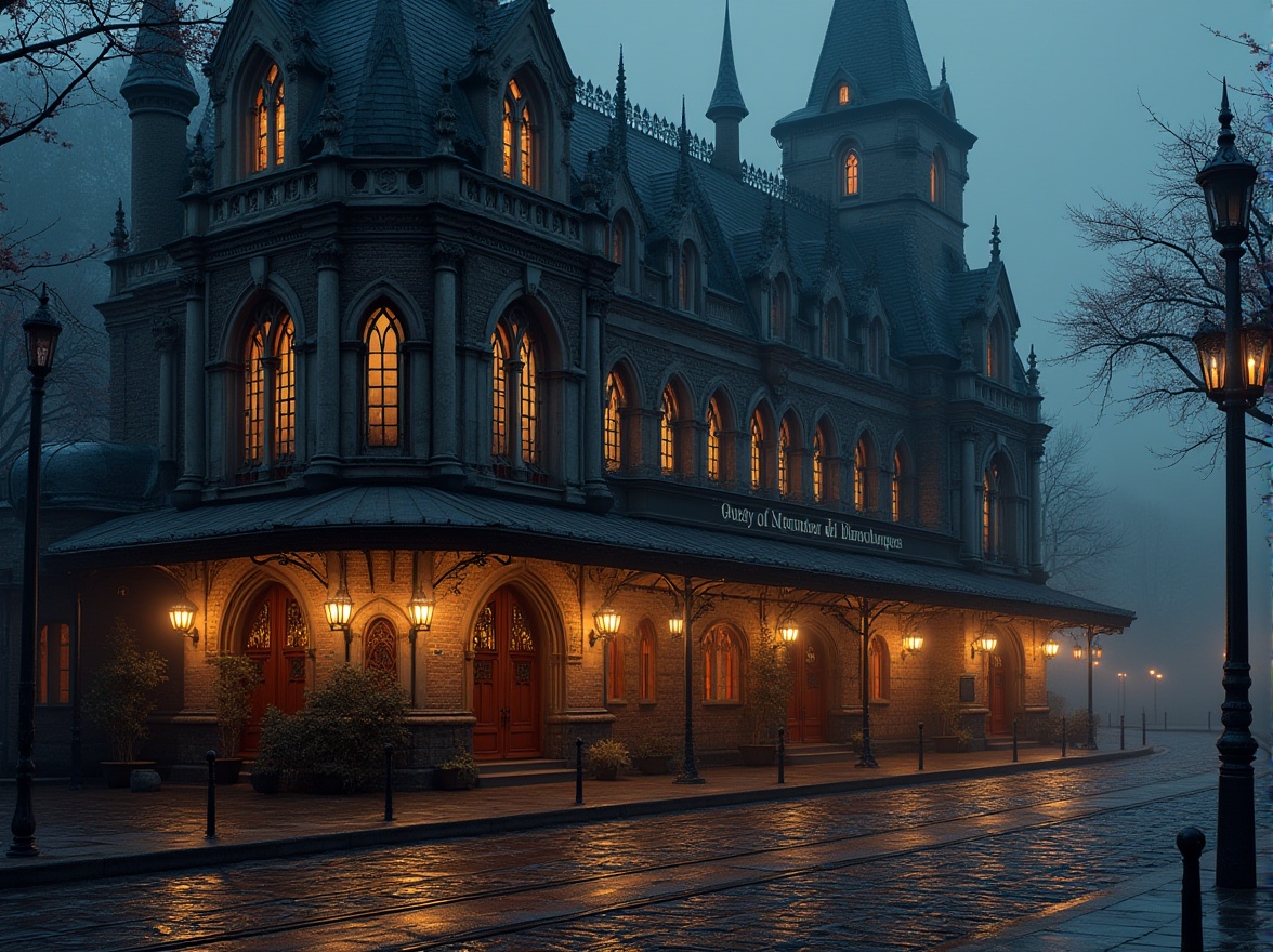 Prompt: Intricate tram station, captivating Gothic Revival facade, ornate stone carvings, pointed arches, ribbed vaults, grandiose entranceways, stunning stained glass windows, ironwork details, mystical lanterns, dramatic brick patterns, atmospheric nighttime lighting, misty foggy mornings, shallow depth of field, 2/3 composition, realistic textures, ambient occlusion.