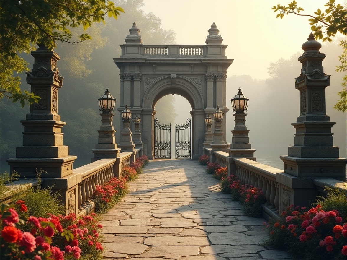 Prompt: Majestic bridge, stone arches, ornate lamp posts, decorative railings, grand entrance gates, classical columns, symmetrical composition, rusticated stonework, rounded archways, sweeping curves, elegant balustrades, majestic piers, subtle keystone accents, warm golden lighting, soft misty atmosphere, serene river views, lush greenery, vibrant flowers, 1/2 composition, shallow depth of field, realistic textures, ambient occlusion.