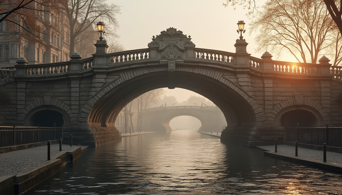 Prompt: Historic bridge, classic arches, ornate stone carvings, rusticated piers, symmetrical composition, grandiose scale, majestic proportions, weathered stone surfaces, intricate ironwork railings, decorative lamp posts, cobblestone roads, serene water reflections, misty atmospheric effects, warm golden lighting, shallow depth of field, 1/1 composition, realistic textures, ambient occlusion.