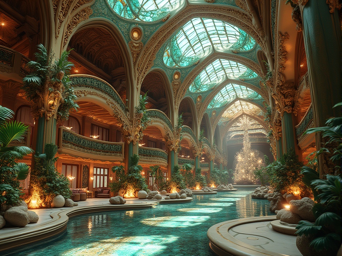 Prompt: Intricate botanical patterns, sinuous lines, flowing organic forms, ornate ironwork, grand atriums, stained glass ceilings, vibrant turquoise accents, polished wooden surfaces, elegant curves, majestic pillars, intricate mosaics, whimsical sculptures, celestial-inspired chandeliers, soft warm lighting, shallow depth of field, 1/2 composition, panoramic view, realistic textures, ambient occlusion.