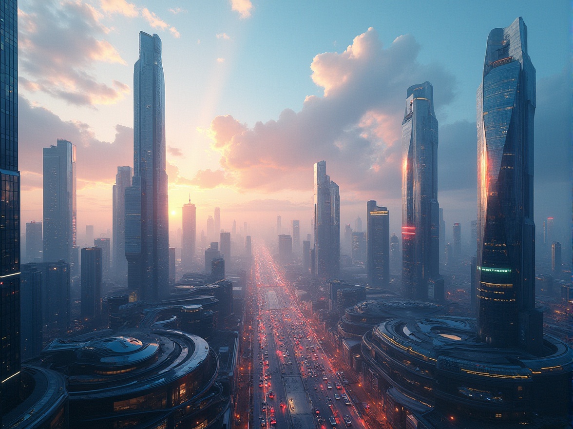 Prompt: Futuristic cityscape, sleek skyscrapers, geometric shapes, reflective glass facades, metallic structures, urban density, bustling streets, vibrant neon lights, towering heights, dramatic clouds, blue sky, warm sunlight, high-contrast lighting, 1/1 composition, shallow depth of field, cinematic atmosphere, realistic textures, ambient occlusion.