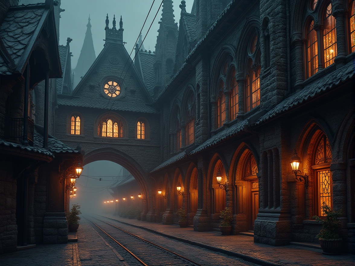 Prompt: Intricate tram station facade, captivating gothic arches, ribbed vaults, ornate stone carvings, grandiose entrance gates, mystical stained glass windows, dramatic pointed spires, eerie twilight ambiance, foggy misty atmosphere, vintage metal lanterns, industrial steel beams, worn brick walls, mysterious alcoves, weathered stone surfaces, warm golden lighting, shallow depth of field, 1/2 composition, cinematic perspective, detailed textures, ambient occlusion.