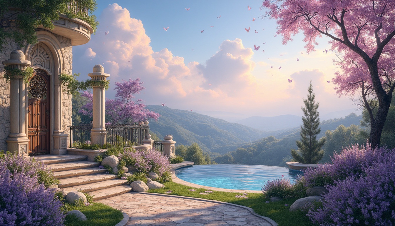 Prompt: Dreamy lavender blue skies, soft warm lighting, whimsical clouds, serene landscape, rolling hills, sparkling water features, elegant villas, rustic stone pathways, lush greenery, vibrant blooming flowers, delicate butterfly ornaments, ornate metal gates, French country-inspired architecture, distressed wood accents, natural linen fabrics, subtle gradient color transitions, shallow depth of field, 1/1 composition, warm atmospheric perspective.