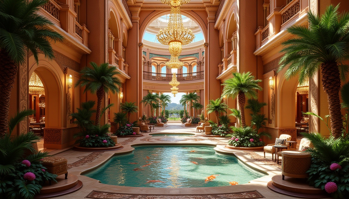 Prompt: Vibrant casino fa\u00e7ade, luxurious entrance, grand atrium, opulent chandeliers, lavish decorations, ornate details, tropical landscape integration, lush greenery, exotic palm trees, sparkling water features, koi ponds, tranquil outdoor spaces, natural stone walkways, warm ambient lighting, shallow depth of field, 3/4 composition, panoramic view, realistic textures, ambient occlusion.