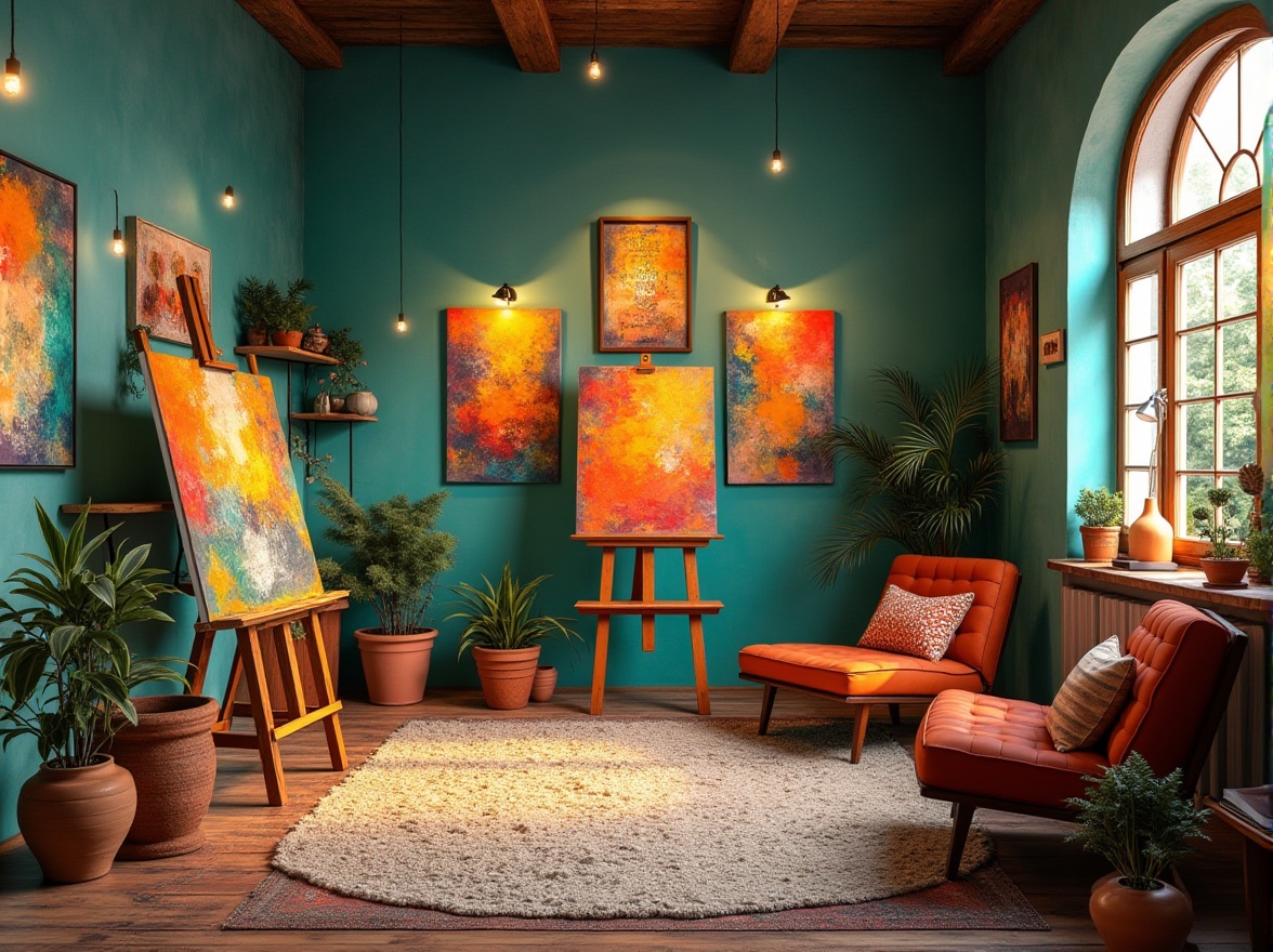 Prompt: Vibrant art studio, eclectic color scheme, bold brushstrokes, textured canvas, abstract artwork, rich turquoise walls, warm golden lighting, wooden easels, artistic supplies, inspirational quotes, comfortable seating area, natural fiber rugs, bohemian decorative accents, earthy terracotta pots, lush green plants, calming atmosphere, soft focus, shallow depth of field, 1/1 composition, realistic textures, ambient occlusion.