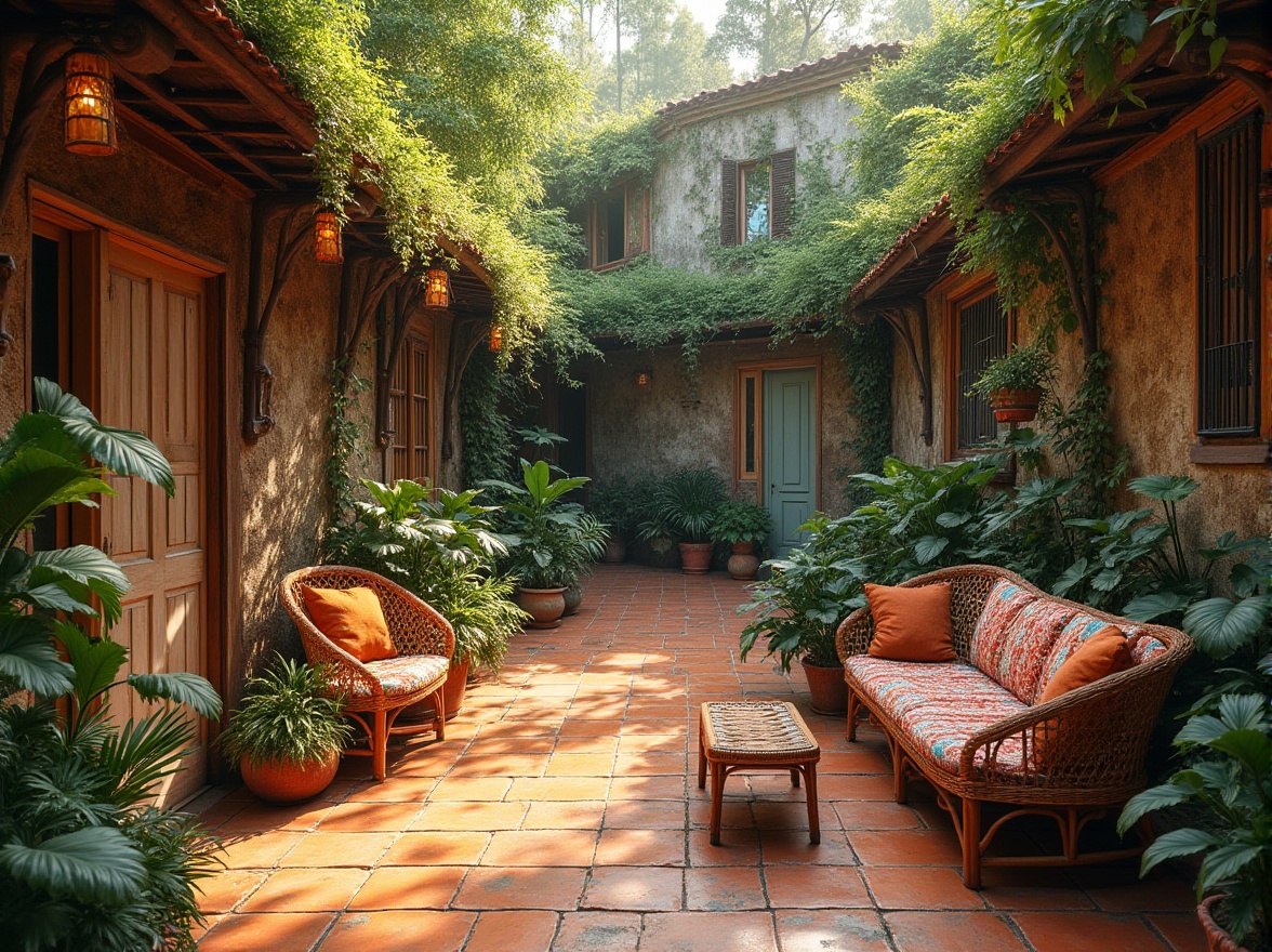 Prompt: Vibrant botanical garden, reclaimed wooden accents, natural stone walls, earthy terracotta flooring, distressed metal details, eclectic architectural styles, mismatched window frames, colorful textile patterns, woven rattan furniture, lush green roofs, overgrown ivy facades, warm golden lighting, shallow depth of field, 1/1 composition, realistic textures, ambient occlusion.