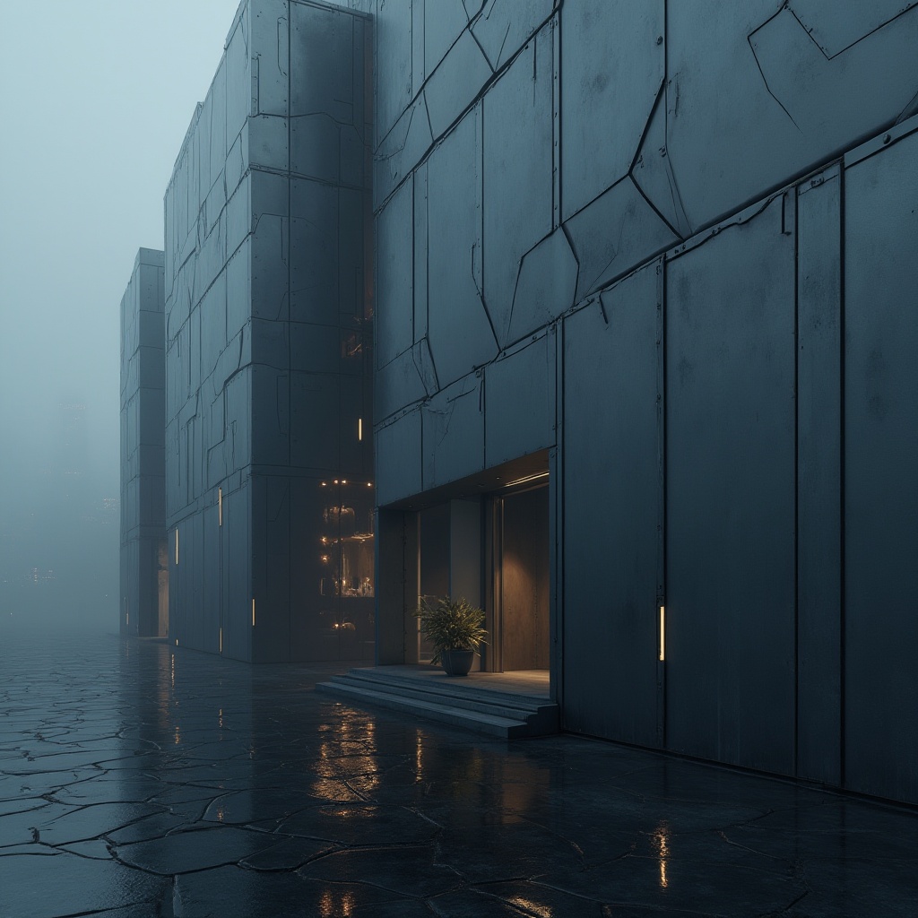 Prompt: Dark gray, futuristic facade, metallic materials, angular lines, minimalist design, LED lighting strips, glowing accents, urban cityscape, nighttime atmosphere, misty fog, sleek skyscraper, high-rise building, modern architecture, geometric patterns, reflective glass surfaces, subtle textures, ambient occlusion, shallow depth of field, 3/4 composition, panoramic view.